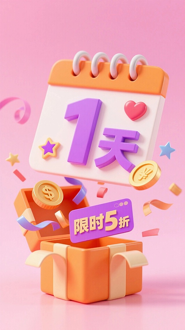 画面中有橙色日历，日历上有紫色数字 “1” 和 “天” 字标识，下方有一个礼盒，里面弹出“限时 5 折” 优惠卡、金币、爱心表情符号、星星、彩带元素，强动态感，背景粉色渐变，促销氛围