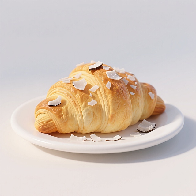 清新感3D风轻拟物设计，椰蓉牛角包细腻逼真，简约背景突出美食诱惑。