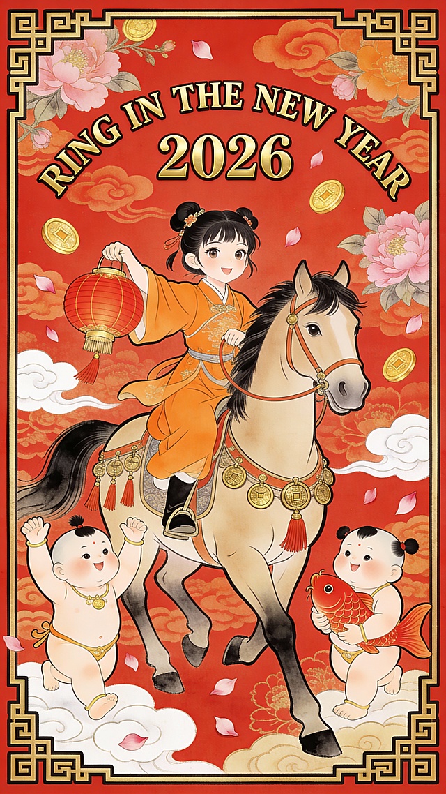 动画风格。主体年轻女子汉服少女骑马（穿橙色汉服，手提大红灯笼，呈轻盈前行姿态）。马具饰流苏及铜钱，呈行走姿态）。马匹两侧有两个福娃（左侧举臂欢呼；右侧怀抱红色锦鲤）。空中飘浮金色铜钱、粉色牡丹花瓣、白色祥云；顶部弧形排列烫金质感的 “RING IN THE NEW YEAR”，下方正中央为  2026 ，画面四周设金色中式回纹边框，红色背景。