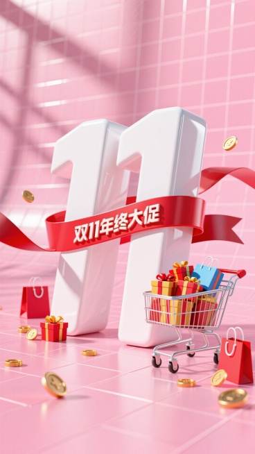 画面中有巨大的白色立体 “11” 数字，缠绕着印有 “双11年终大促” 的红色丝带。旁边是装满礼盒、购物袋的购物车，周围点缀金币、礼盒和购物袋等元素，粉色网格背景，促销氛围预览效果