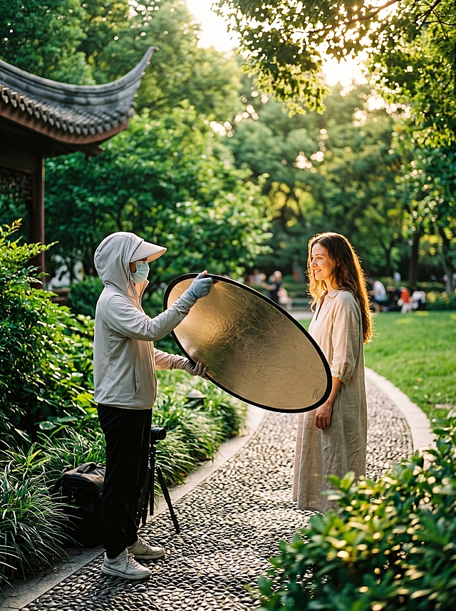 写实户外摄影教学实拍画面，城市公园林荫鹅卵石步道，背景是茂密翠绿的乔木树林与草坪，画面左侧露出一角中式古建筑飞檐，黄金时段柔和暖调夕阳光线，低角度侧逆光形成人物柔和轮廓光，左侧全身做好防晒的人双手举着主体圆形反光板调整角度，为对面站立的长发女生模特演示补光技巧，画面自然真实，光影通透温暖，生活化纪实摄影质感