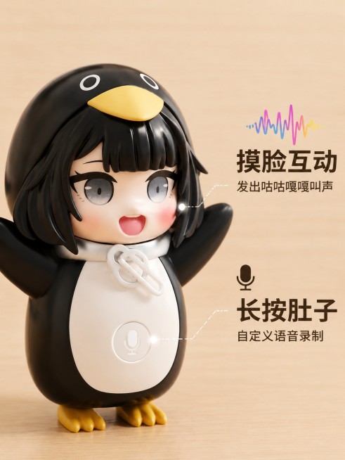 [主图-2] 咕咕嘎嘎小企鹅功能卖点展示图
氛围风格：简约干净产品特写 功能清晰展示
画质：商业摄影质感、光线柔和通透、产品清晰真实、画面干净高级
元素：咕咕嘎嘎小企鹅手办局部功能特写 展示脸部触摸区预览效果
