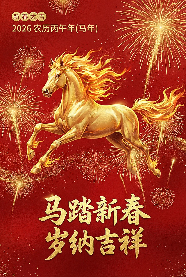 参考这张马年春节海报的风格，制作一张全新的A3尺寸、300ppi、RGB模式的春节主题海报，保留红色烫金质感，画面包含奔腾的金色骏马、璀璨烟花，搭配文案“2026 农历丙午年(马年)”“马踏新春 岁纳吉祥”“新春大吉”，整体氛围喜庆大气
