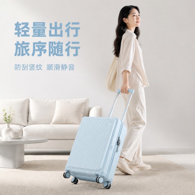 [主图-1] 室内简约旅行场景浅蓝色竖条纹行李箱首图。氛围风格：清新简约现代高级感；画质：商业摄影质感，光线柔和通透，产品清晰真实，画面干净高级。元素：20多岁年轻亚洲女生浅色系休闲穿搭，侧身站立拖行预览效果