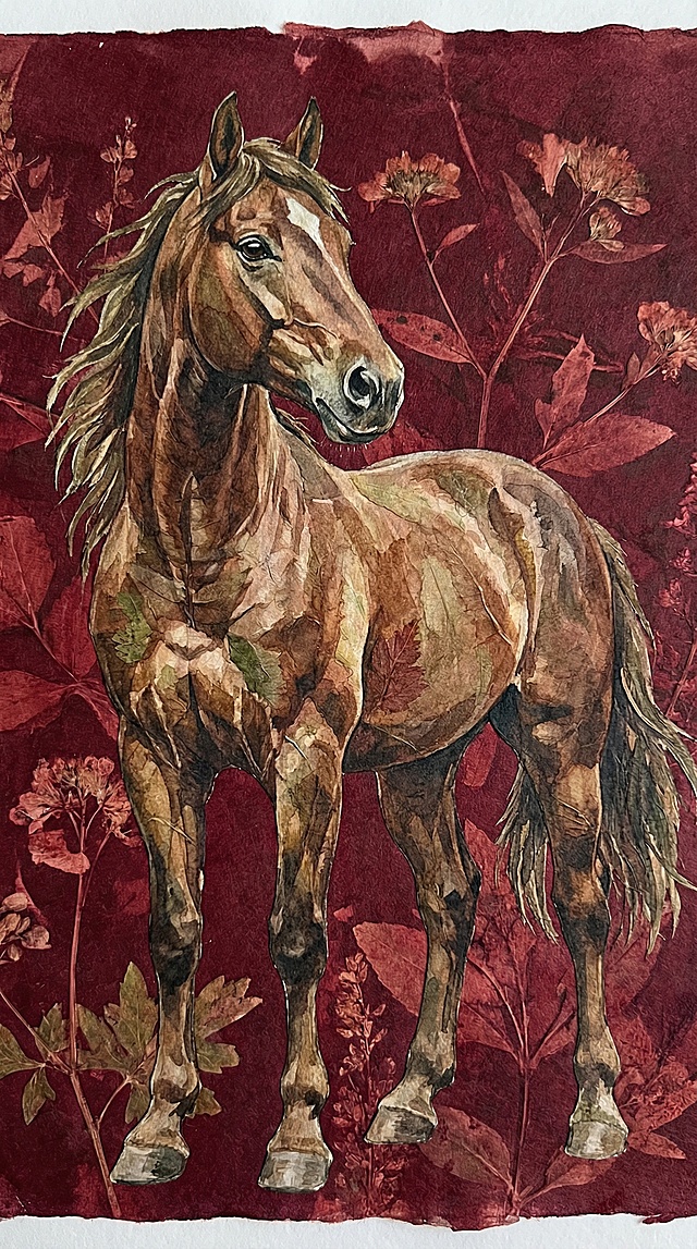 水彩风与工笔技法融合，以复古色调描绘优雅骏马，背景点缀花卉，呈现文艺唯美意境。