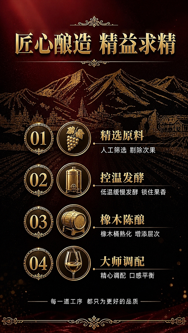 [商品] 使用【图1】域生原干红葡萄酒瓶身酒标上的金色山水图案；保留金色山脉、葡萄园、建筑雕刻纹样；放大作为背景装饰，不改变图案内容。
[画面] 目标：匠心酿造工艺专页，展示四道核心酿造工序。构图：上方主标题+金色山水图案暗纹背景；中部四道工艺纵向排列，每道配金色圆形图标与说明。背景：深酒红到黑色渐变，暗金色山水纹理做底，顶部与底部金色装饰纹样。阅读动线：从上至下，标题→四道工艺。景别：信息展示页。
[视觉] 套系策略：风格=高端红酒商业摄影，黑金红三色质感，电影级光影；标题字=粗宋体衬线大字，厚重典雅；正文字=简洁无衬线体；主色=深邃酒红+高级黑；背景延展=基于黑红做渐变、暗金纹理、光束与粒子效果；强调色=璀璨金色，用于标题、图标、引线、装饰纹样与重点高亮；标题色=渐变烫金色；正文色=米白+浅金；组件=金色装饰纹样分割线、黑金信息卡、古典角花、圆形数字徽章；光影=均匀柔光，金色部分有金属浮雕质感。
[文字] 顶部主标题「匠心酿造 精益求精」，金色渐变烫金粗体大字，上方金色装饰花纹；下方四道工艺纵向排列，每道左侧金色大数字徽章，右侧标题+说明：「01 精选原料」人工筛选 剔除次果；「02 控温发酵」低温缓慢发酵 锁住果香；「03 橡木陈酿」橡木桶熟化 增添层次；「04 大师调配」精心调配 口感平衡。底部一行小字「每一道工序 都只为更好的品质」，米白色。全部文字横排。
[规格] 图片比例9:16竖版，4K分辨率，medium质量。避免变形、错字、文字过小、图案篡改、绝对化用语。