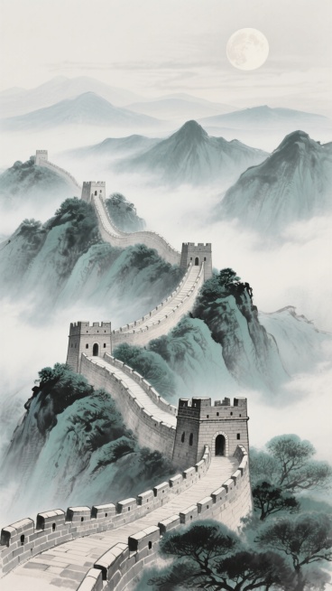 中国长城蜿蜒于山峦之间，采用水墨风格绘制，以青灰色为主色调，搭配淡墨色的山脉轮廓和深绿色的植被，背景是云雾缭绕的远山和一轮皎洁的明月，营造出古朴典雅、宁静悠远的氛围，长城的砖石纹理和城楼细节清晰可见，展现出历史的厚重感与水墨艺术的韵味。预览效果