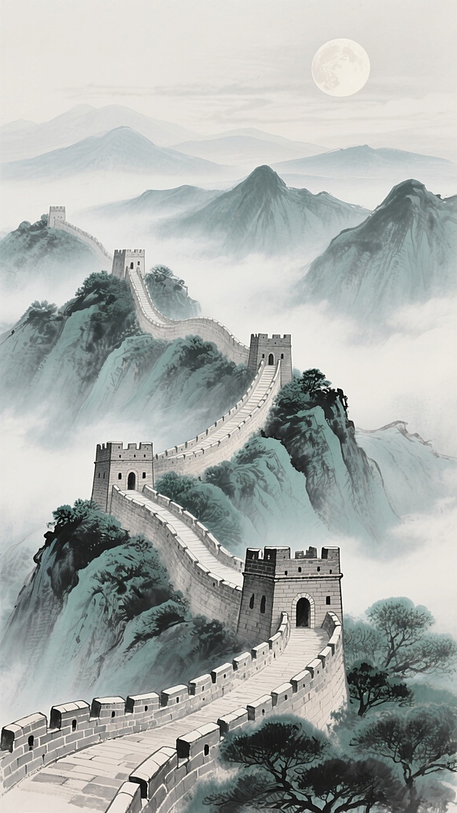 中国长城蜿蜒于山峦之间，采用水墨风格绘制，以青灰色为主色调，搭配淡墨色的山脉轮廓和深绿色的植被，背景是云雾缭绕的远山和一轮皎洁的明月，营造出古朴典雅、宁静悠远的氛围，长城的砖石纹理和城楼细节清晰可见，展现出历史的厚重感与水墨艺术的韵味。