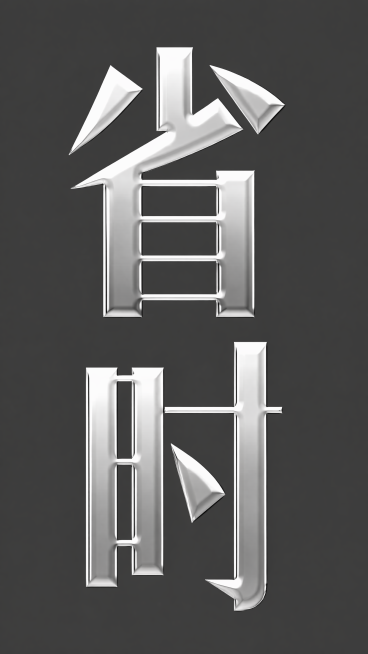 参考第一张图的鎏银金属效果，为第二张图的文字"省时"添加效果，保留原图方正黑体的字形结构，将文字改为亮银色鎏银金属质感，带有光滑抛光镀铬表面，强烈金属反光和立体光影效果，背景保持深灰色，仅包含两个字"预览效果