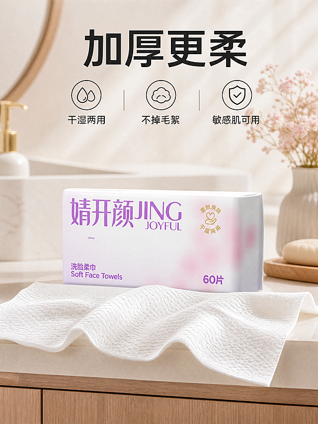 [主图-2] 婧开颜洗脸柔巾核心卖点展示
[氛围风格] 温柔治愈温馨家居风，整体风格与首图保持统一
[画质] 商业摄影质感，光线柔和通透，产品清晰真实，画面干净高级
[元素] 拉开的洗脸柔巾放置在产品包装前方，展示柔厚质感，背景是干净的浅米色浴室台面，少量简约装饰点缀。保持产品包装外观与输入产品图绝对一致，杜绝任何变形和色差，精细化处理。商品主体占比约70%，画面满屏无边框
[光影] 明亮柔和的均匀自然光，光线通透，突出面料纹理质感
[配色] 主色调浅米柔和色系，搭配产品淡紫色，干净清爽
[视角构图] 平视视角，产品和柔巾居中，前后景层次分明
[文字版式] 顶部居中放置大字黑色主文案“加厚更柔”，下方环绕三个核心卖点黑色小字：「干湿两用」「不掉毛絮」「敏感肌可用」，每个卖点搭配简约小图标，排版清晰，不遮挡主体，符合拼多多直白风格
[比例分辨率] 3:4比例，4K分辨率，文字清晰可辨，超高清
[负向提示词] 变形，水印，文字错乱，产品图模糊，背景杂乱，遮挡主体