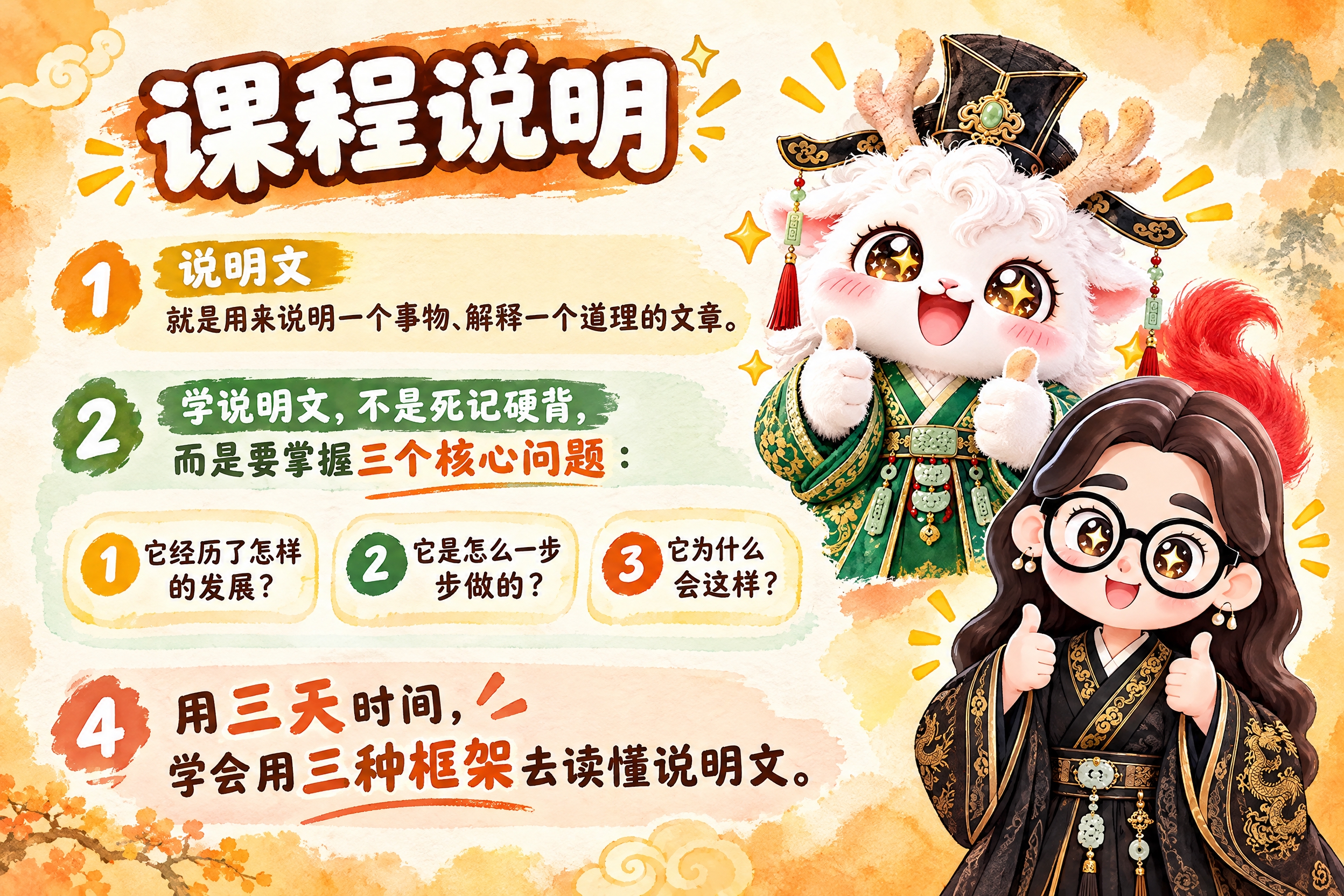 横版6寸比例的知识卡片设计，标题为"课程说明"，内容分五段：说… - 图片创意预览