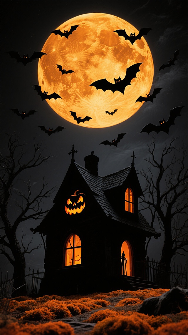 超现实主义风格的万圣节场景，巨大的橙黄色满月占据画面上半部分，表面带有细腻的纹理，周围环绕着一群黑色的蝙蝠在夜空中飞舞，下方是剪影风格的哥特式房屋，屋顶和窗户呈现出南瓜灯的恐怖笑脸，房屋周围是光秃秃的黑色树枝，地面覆盖着橙色的苔藓，整体画面采用暗黑色背景，营造出神秘而诡异的氛围，色彩对比强烈，细节丰富，具有强烈的视觉冲击力。