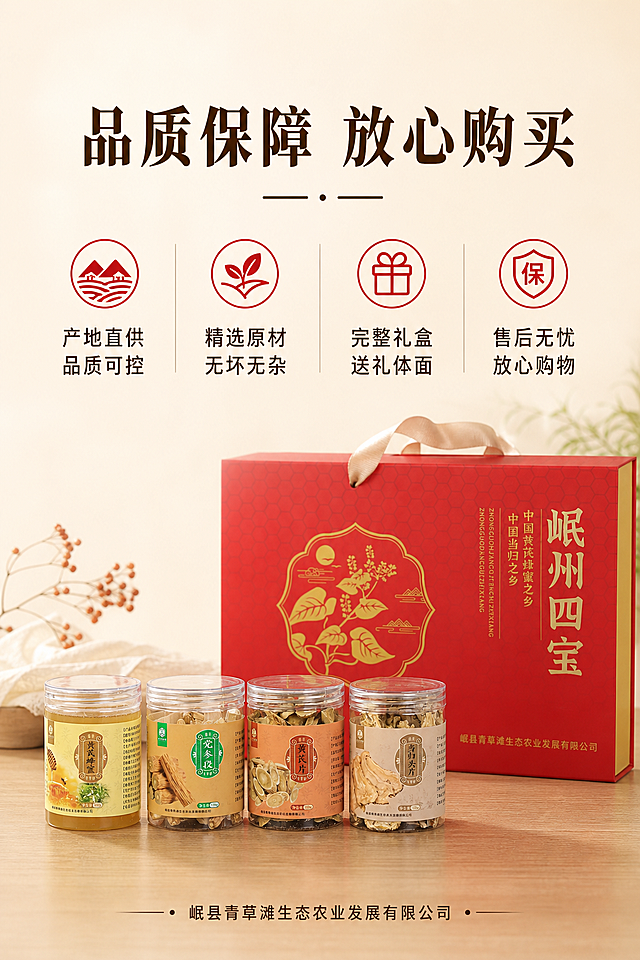[第11屏] 品牌信任与售后保障-放心选购。
[氛围/风格] 专业可信，简洁大气，降低购买顾虑。
[元素布局] 顶部主标题，四个保障卖点图标排列在中上区域，每个图标配文字说明，底部放置品牌和公司信息，右下角放置完整产品礼盒图作为背景装饰，整体排版疏密适中，背景浅木色，无边框满铺。
[光影质感] 均匀光线，图标和文字清晰，背景产品虚化不抢信息。
[配色色系] 全局底色：#F6F1E7（浅木色）；图标红色，文字深棕色，延续整体配色风格。
[视角构图] 居中排版，文字信息区域占据上半部分，底部品牌信息。
[文字版式] 顶部主标题「品质保障 放心购买」，居中加粗深棕色；四个卖点：1.产地直供 品质可控 2.精选原材 无坏无杂 3.完整礼盒 送礼体面 4.售后无忧 放心购物，每个卖点配红色图标+黑色文字，清晰易读；底部标注出品公司名称「岷县青草滩生态农业发展有限公司」。
[比例分辨率] 3:4竖版比例，2K分辨率，文字清晰可辨，超高清。
[负向提示词] 文字错乱，排版混乱，水印，产品变形，背景杂乱。
