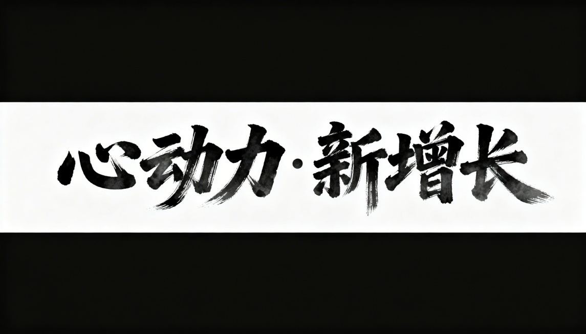 设计“心动力·新增长”横版书法艺术字体，采用苍劲有力的传统毛笔笔触，墨色浓淡有层次，字体横向排列舒展大气，富有设计感，背景为纯白色，只展示文字内容预览效果