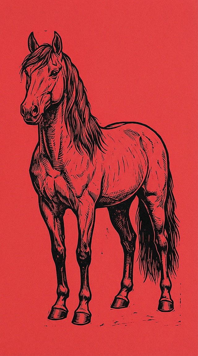 复古感与古典感交织，以插画风呈现质朴马姿，描边与版画手法强化轮廓，红色背景凸显节日喜庆氛围。