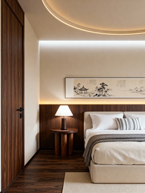 生成一张现代新中式禅意风格的卧室写实效果图，采用平视略偏右的稳定构图，画面左侧为深胡桃木色通顶门，门板为同色木纹材质，搭配黑色极简风门把手与方形磁吸锁具；画面右侧为 1.8 米双人床，床品主体为浅米色预览效果