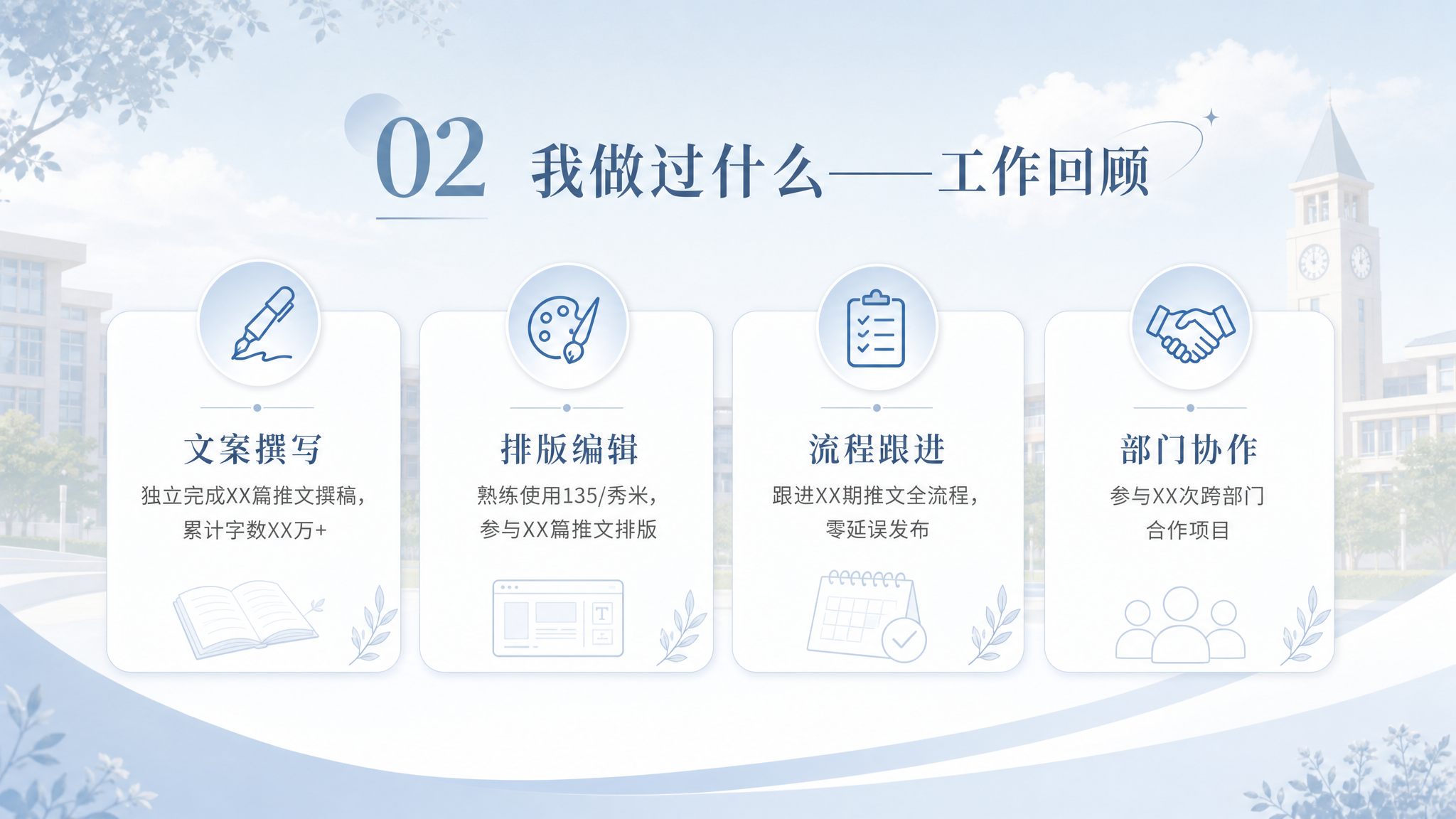 PPT工作回顾页，清新校园风，雾霾蓝主色调。标题："02 我做… - 图片创意预览