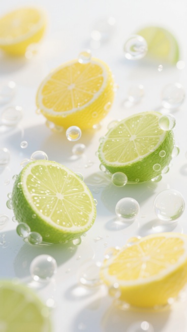 软3D风格，凉爽透明的白色背景，画面中漂浮着几片柠檬和青柠切片，柠檬切片呈现明亮的黄色，青柠切片为清新的绿色，果肉纹理清晰可见，表面覆盖着大量圆润透明的气泡，气泡大小不一，分布自然，整体色调以清爽的黄、绿、白为主，营造出冰凉、清新、水润的氛围，光线柔和，带有细腻的高光和轻微的阴影，展现出通透的质感和轻盈的视觉效果，无文字及二维码元素。预览效果