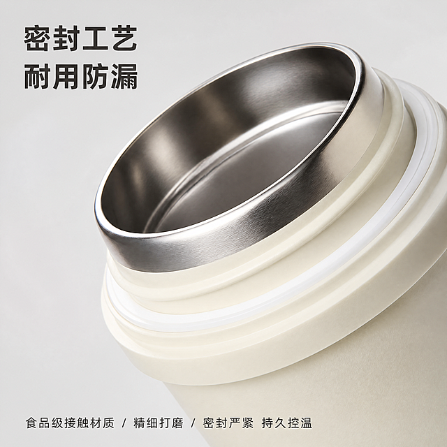 [主图-3] 保温杯材质细节放大展示，突出内胆密封细节，证明安全耐用
[氛围风格] 专业品质感，细节清晰，干净可信
[画质] 商业摄影质感，微距清晰锐利，产品细节真实
[元素] 以米白色保温杯杯口密封结构为主体，做局部微距放大，清晰展示密封圈、杯口打磨细节和内胆材质质感，背景干净浅灰白色。保持产品材质和颜色与原产品一致，精细化处理细节。主体细节占画面约70%，画面满屏无边框。
[光影] 侧逆光打亮，突出杯口圆润质感和密封圈紧密贴合细节，明暗过渡自然
[配色] 浅灰背景搭配米白产品，干净专业，细节突出
[视角构图] 局部微距特写，聚焦杯口密封结构，清晰展示做工细节
[文字版式] 左上角简洁主标题“密封工艺 耐用防漏”，底部小字说明“食品级接触材质 / 精细打磨 / 密封严紧 持久控温”，文字放置在负空间不遮挡细节，清晰可读
[比例分辨率] 1:1比例，4k分辨率，文字清晰可辨，超高清
[负向提示词] 变形，水印，文字错乱，产品图模糊，背景杂乱，色差