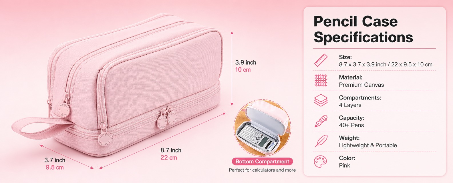 [商品] 使用【图4】粉色笔袋尺寸图；保留笔袋的粉色外观、三层… - 图片创意预览