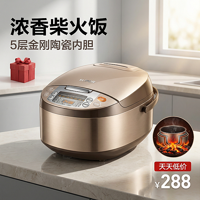 「图片1」「图片1」「图片1」「图片1」我需要制作一张电饭煲商品主图，需要体现“浓香柴火饭”“5层金刚陶瓷内胆”的买点信息并添加优惠信息“￥288”，促销活动“天天低价”，要求商品主图尺寸1200像素*1200像素