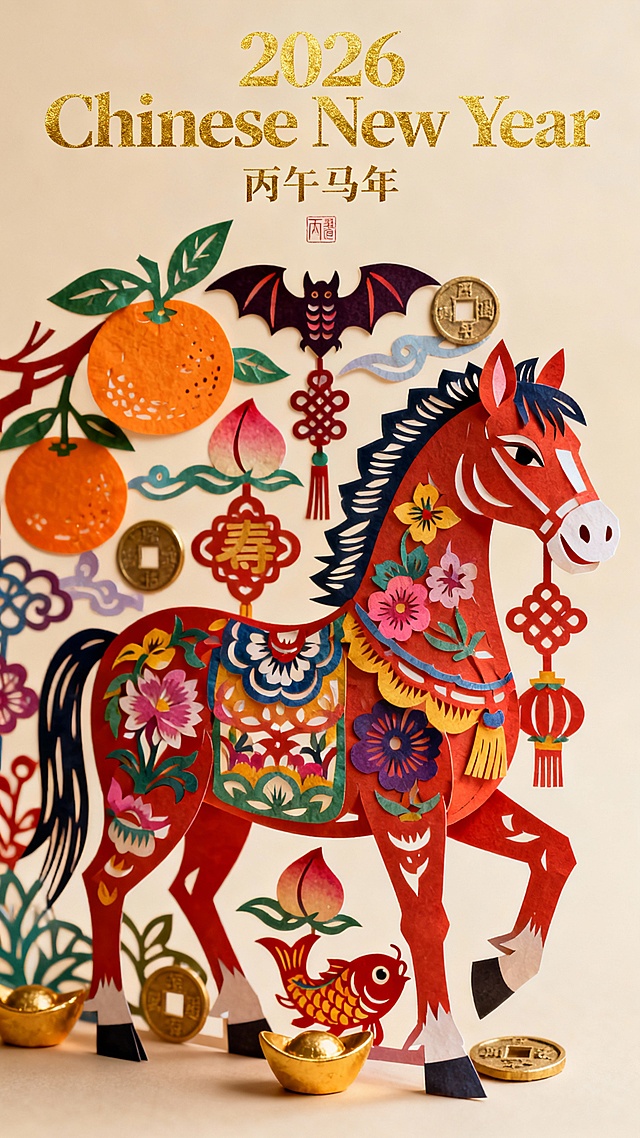 剪纸风与拼贴艺术融合，红马饰以国潮花纹，搭配金元宝、灯笼与祥瑞元素，营造喜庆中式氛围，展现丙午马年节日祝福。