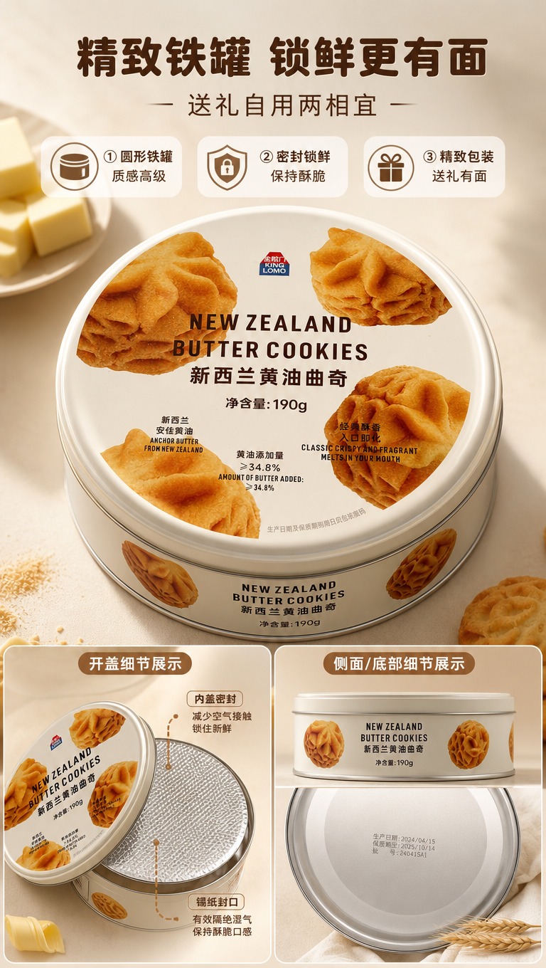 [商品] 使用【图1】金粒门新西兰黄油曲奇190g圆形铁罐装；… - 图片创意预览