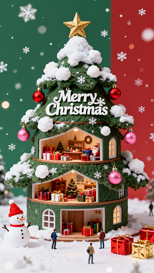 三层圣诞树造型的立体小屋，点缀白色雪团、红粉圣诞球，顶部金色星星，树身有 “Merry Christmas” 白色艺术字。每层内部都是丰富的圣诞礼物；树外左下角有白色小雪人（戴红帽），地面散落红金礼盒。背景是左右渐变的绿红双色，空中飘着白色雪花与光斑。