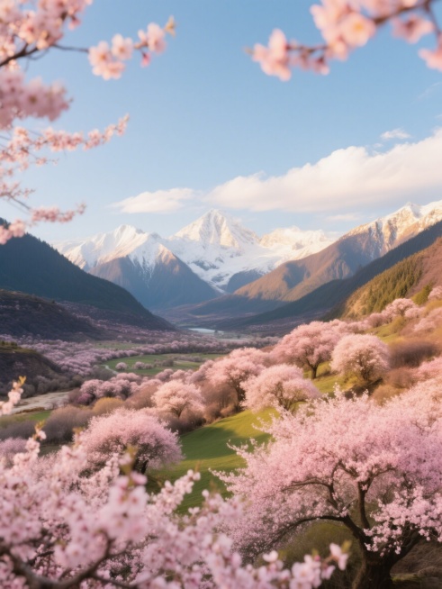 林芝桃花沟春景，漫山遍野粉色桃花盛开，远处雪山巍峨，蓝天白云，梦幻色调，专业旅行摄影，金色暖阳光线，上方适当留白，色彩饱和明亮，光线通透，适合社交媒体封面，吸引点击，超高清画质，8K细节预览效果