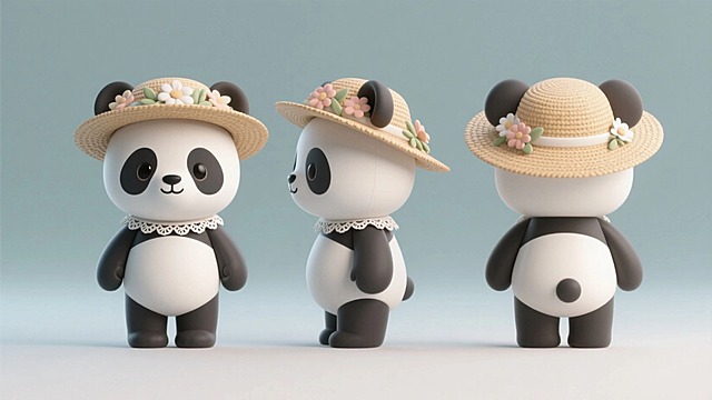 熊猫玩偶，带着草帽捧着花束