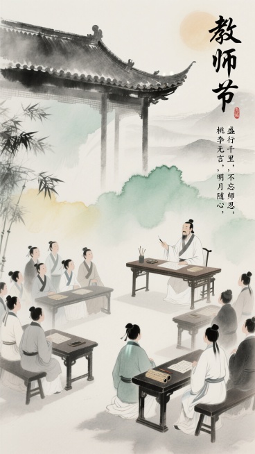 中国水墨画风格，教师节主题画面。主体呈现古代书院讲学场景：一位老师于案几后授课，众多身着古装的学生恭敬围坐聆听；构图融入中式传统建筑飞檐，背景以淡雅山水晕染，点缀竹叶；色调以水墨黑白灰为主，辅以浅绿、预览效果