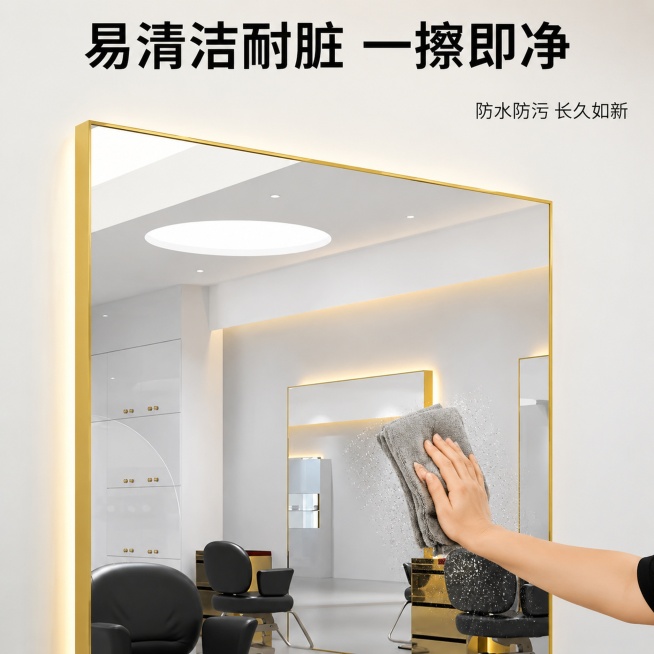[主图-8] 镜面清洁体验展示
[氛围风格] 实用场景演示，干净直观
[画质] 清晰真实，动作自然，细节可见
[元素] 一只手拿着抹布擦拭镜面，展示镜面一擦即净，防水防污易清洁。镜子为金色边框款，和输预览效果