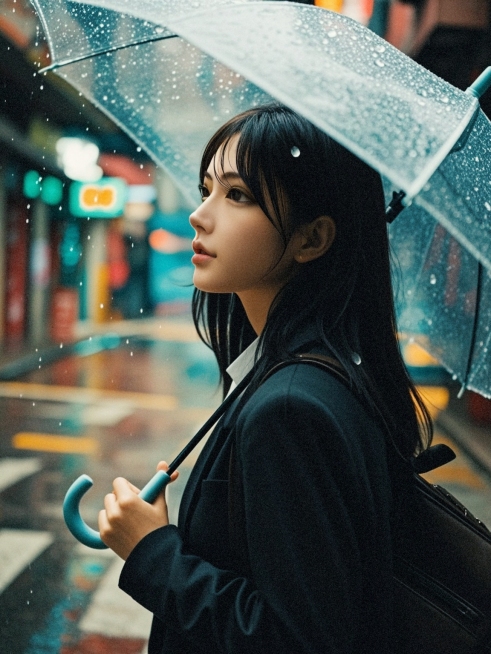 一个女生，撑伞，香港街道，雨天预览效果