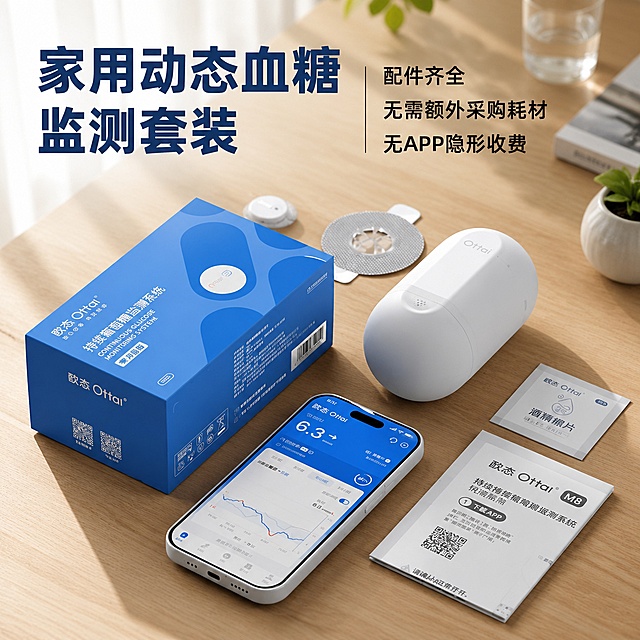 [主图-5] 欧态家用动态血糖监测套装实拍主图
[氛围风格] 家用实拍展示，专业真实，拼多多亲民风格
[画质] 商业摄影质感，光线柔和通透，产品清晰真实，画面干净高级
[元素] 整套血糖仪产品全家福实景摆放，包装盒+主机+探头+手机APP界面完整展示在浅木色工作台背景上，保持每件产品外观（物理结构、材质质感、颜色）与输入产品图绝对一致，杜绝任何变形和色差，精细化处理，手机屏幕清晰展示血糖曲线界面，整体商品占画面约70%，构图饱满
[光影] 自然光从左侧照射，产品立体感强，材质纹理清晰，阴影柔和自然，整体明亮通透
[配色] 浅木色暖调背景，产品蓝白配色清新自然，深蓝色文字和产品呼应，对比清晰
[视角构图] 斜侧四分之三视角，全家福错落摆放，有生活感，景深适中，主体突出
[文字版式] 顶部靠左主标题大字加粗深蓝色："家用动态血糖监测套装"；右侧分三行展示短句："配件齐全" "无需额外采购耗材" "无APP隐形收费"，黑色小字每行左对齐；文字均放置在背景负空间，不遮挡产品主体，清晰可辨
[输出要求] 1:1比例，文字清晰可辨，超高清商业摄影质感，宽度1024 高度1024
[负向提示词] 变形，文字错乱，产品图模糊，背景杂乱，水印，拼多多平台Logo，绝对化违禁词