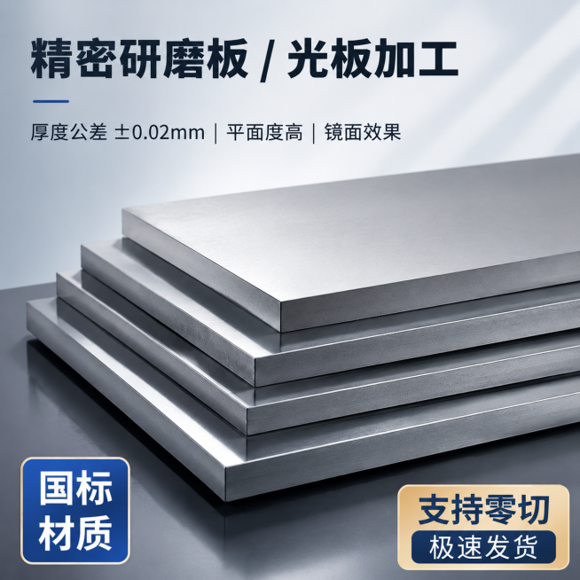 电商商品主图，展示堆叠摆放的多块精密研磨板，突出硬度均匀平整不变形的特性，简洁商务背景，保留文案：主标题“精密研磨板 / 光板加工”，副标题“厚度公差±0.02mm | 平面度高 | 镜面效果”，左下预览效果