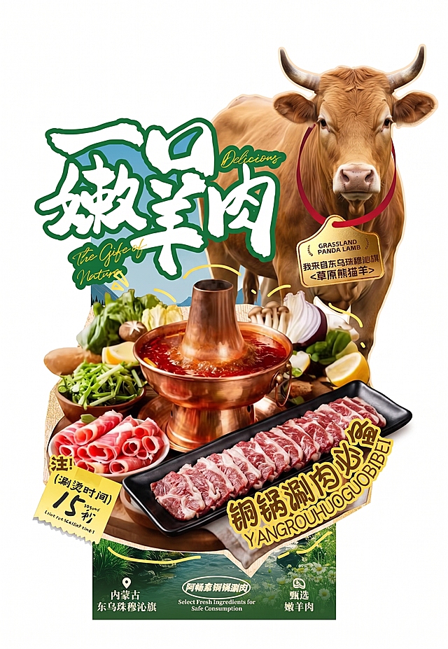 把图中的羊换成潮汕黄牛     火锅食材换成手切吊龙牛肉黑色长盘子