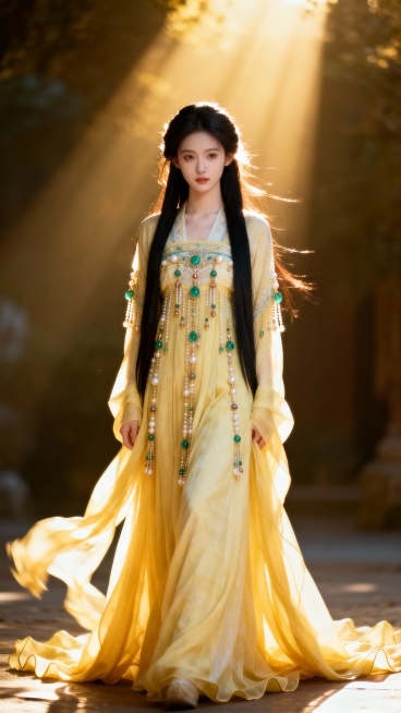 真人写实摄影，少女，妖冶，达尔丁效应，瓜子脸，冷白皮，鹅黄襦裙，华丽，多装饰，黑色长发，全身正面全景图预览效果