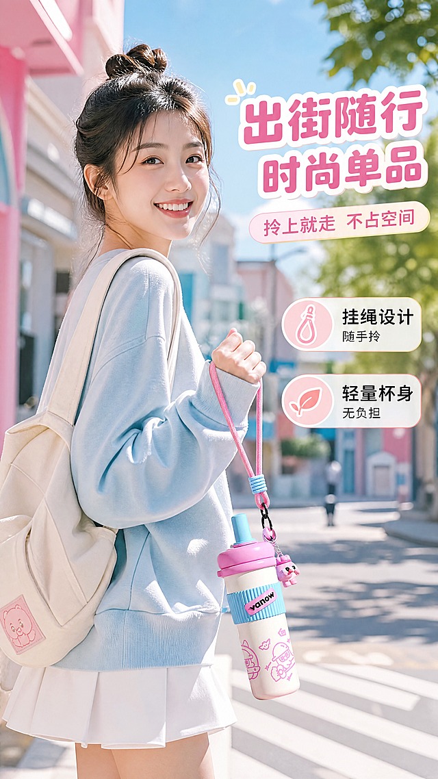 [商品] 使用【图1】粉蓝拼色吸管保温杯；保留全部外观特征、颜色、Logo、卡通图案和结构；产品被手提或放入包侧袋，角度自然。
[画面] 目标：人物使用页-出行便携场景，展示随身携带的时尚感。便携随行型构图，亚洲年轻女生（20-25岁，时尚休闲穿搭，背浅色帆布包）半身，走在清新街道上，一只手自然提着保温杯挂绳，保温杯垂在身侧。背景是柔焦的城市街景，有马卡龙色建筑、绿树、阳光光斑。产品占画面45%，清晰展示挂绳便携设计。整体氛围青春活力。
[视觉] 套系策略：风格=马卡龙多巴胺清新商业摄影风；标题字=圆润圆角粗黑体；正文字=简洁无衬线黑体；主色=樱花粉+天空蓝；背景延展=清新蓝调街景、同色系深浅层级、柔焦光斑、阳光通透感；强调色=奶白色，用于小面积图标、引线、标签；标题色=深粉紫；正文色=深灰紫；组件=圆角信息卡、气泡底衬、细线引线、胶囊标签；光影=自然日光，左前侧主光，产品有明亮高光。
[文字] 右上区域主标题「出街随行 时尚单品」，副标题「拎上就走 不占空间」，下方两个短卖点「挂绳设计 随手拎」「轻量杯身 无负担」，文字横向排版，不遮挡人物和产品主体。
[规格] 图片比例9:16竖版，4K分辨率，淘宝/天猫详情页适配，中文文案，亚洲模特。避免变形、错字、文字过小、产品颜色改变、模特表情僵硬、绝对化用语。