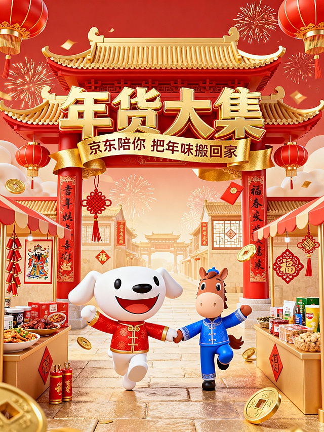 2026马年电商促销春节主题海报； C4D，以浓烈的中国红与金色为主色调，营造出喜庆热烈的新春氛围； 画面背景是一个牌楼，上面立体金色字“年货大集”，缠绕的金色丝带上营销小字“京东陪你    把年味搬回家”，搭配灯笼、烟花、春联、福字、窗花、中国结、年画、鞭炮、挂钱、铜钱等元素； 京东IP，Joy狗身着喜庆的红色唐装，旁边一个身着蓝色唐装的小马形象卡通人，两个小动物欢跳携手庆贺； 两侧是不同摊位，摆放着各种各样的年货产品，包括吃、穿、用； 国风年味与潮流感结合主视觉元素。