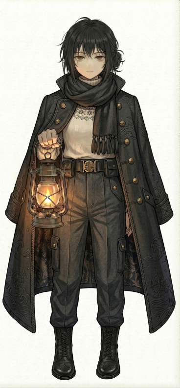 将人物服装设计为1950年代风格的华丽款灯塔守夜人形象：外穿带有暗纹刺绣的炭黑色厚羊毛长款大衣，领口和门襟点缀做旧黄铜金属扣，边缘饰有细密同色系织带，内里拼接丝滑暗纹衬里；内搭高领软糯羊毛针织衫，领口预览效果