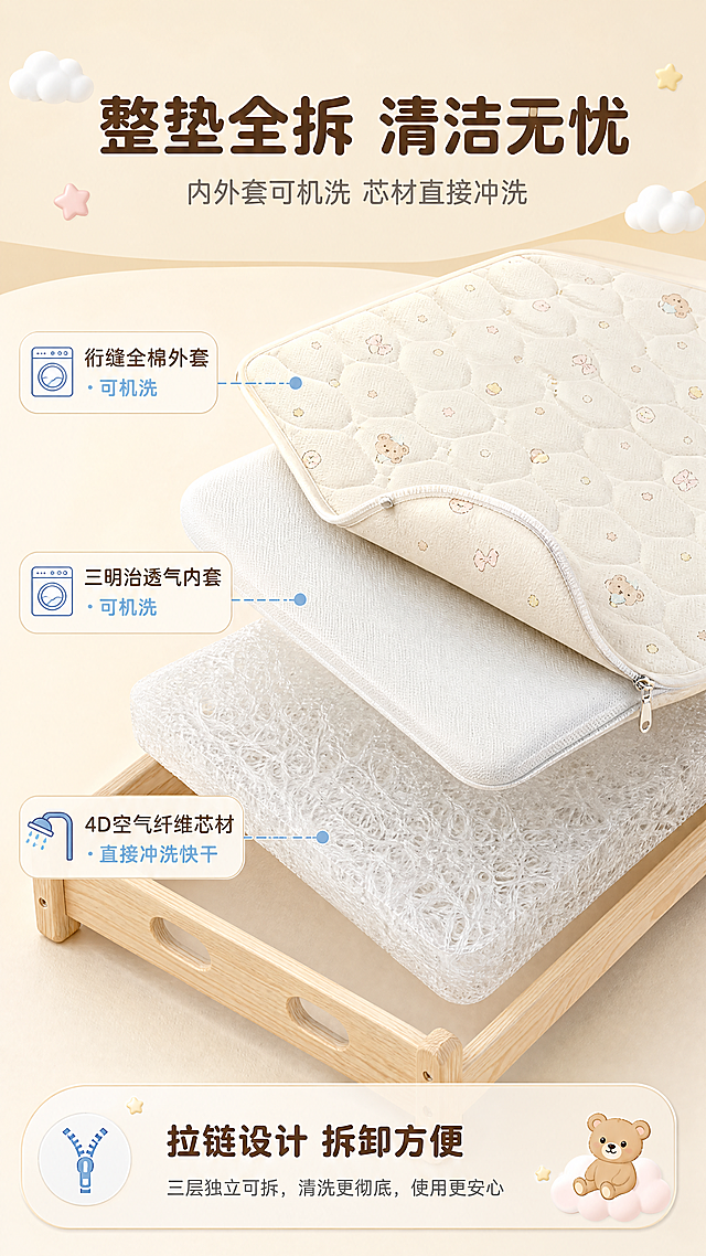 [商品] 使用【图1】4D空气纤维婴童床垫、【图2】面料图案；保留床垫整体外观、米白色绗缝全棉外套、卡通小熊图案、拉链结构；商品处理：展示外套可拆卸状态，增强拉链细节和面料质感，保持图案清晰。
[画面] 目标：结构拆解展示，突出整垫全拆设计。构图：中部展示床垫拆分解构，全棉外套半拉开状态，露出内部三明治内套和4D空气纤维芯材，三件分层错落摆放，产品占画面60%。背景为浅米色柔和渐变，搭配柔和阴影增加立体感。
[视觉] 套系策略：风格=温馨婴童风商业摄影，柔和清新；标题字=圆润粗黑体；正文字=简洁圆角无衬线体；主色=米杏色+浅奶粉；背景延展=基于米杏色做深浅层级、同色渐变和细腻织物/木质质感；强调色=浅粉蓝，仅用于小面积图标、引线和标签；标题色=深暖棕；正文色=中暖灰；组件=圆角浅底信息卡、细线引线、云朵/星星装饰元素；光影=左前侧45度柔光，层次分明。
[文字] 顶部主标题「整垫全拆 清洁无忧」，副标题「内外套可机洗 芯材直接冲洗」，用引线分别标注三层：「绗缝全棉外套 · 可机洗」「三明治透气内套 · 可机洗」「4D空气纤维芯材 · 直接冲洗快干」，底部补充卖点：「拉链设计 拆卸方便」，文字全部横向排版。
[规格] 图片比例9:16竖版，4K分辨率，负向提示：避免变形、错字、文字过小、颜色偏差、拉链结构失真、极限词。
