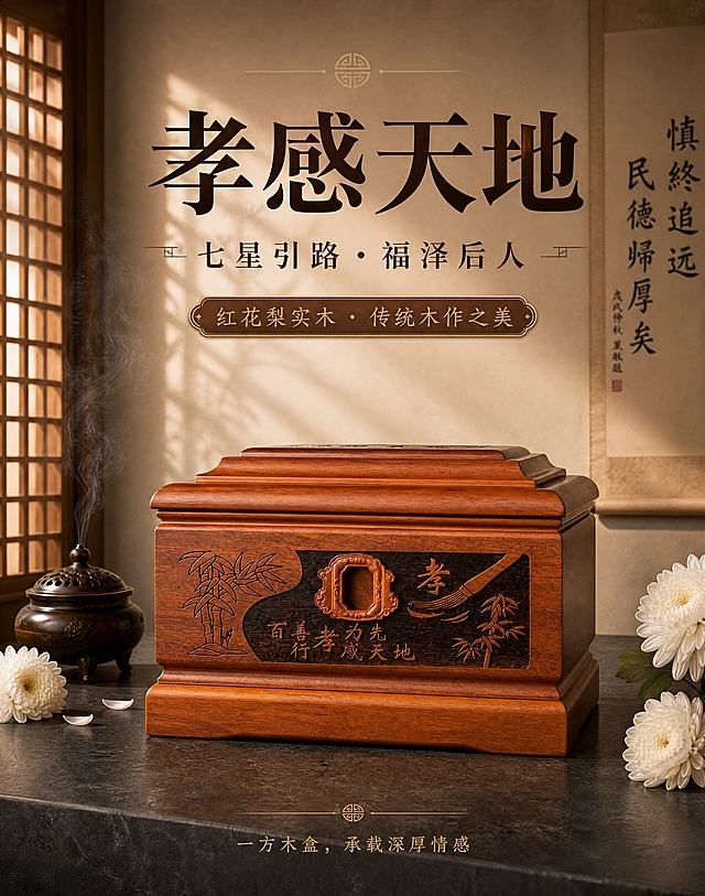 [商品] 使用【图4】孝感天地红花梨骨灰盒正面图；保留正面孝字主题雕刻、竹纹图案、中央饰框、天地盖分层结构、红花梨暖红棕木色与天然木纹、顶部层叠线条；商品处理：增强雕刻立体感与木纹质感，使产品更显庄重典雅，不改变结构与比例。
[画面] 首屏主视觉海报，产品正面居中放置，占画面约55%，置于深灰色石质台面上；左侧古铜香炉飘轻烟，白菊花点缀；后方米白墙面挂书法条幅，窗棂竹影斜照墙面；右侧白菊花与绿叶点缀；整体东方传统美学氛围，静谧肃穆，暖光营造庄重追思感。
[视觉] 套系策略：风格=东方传统美学商业摄影；标题字=宋体衬线粗体（庄重典雅）；正文字=简洁宋体；主色=红花梨暖红棕木色；背景延展=基于暖红棕做深浅层级、米灰暖调渐变、宣纸/石材质感；强调色=暗金色，仅用于小面积图标、引线、装饰线条；标题色=深棕近黑；正文色=中暖棕；组件=圆角木色信息卡、细金线引线、传统回纹装饰；光影=左前侧暖柔光，侧逆光勾勒轮廓，整体暖调庄重静谧。
[文字] 画面上方主标题"孝感天地"，副标题"七星引路 · 福泽后人"；下方"红花梨实木 · 传统木作之美"；底部小字"一方木盒，承载深厚情感"；所有文字横排，居中对称布局，字号大气，不遮挡产品主体雕刻。
[规格] 图片比例790:1000竖版，4K分辨率，负向提示：避免变形、错字、文字过小、冷蓝/冷灰背景、产品颜色改变、现代元素、卡通风格、产品变色。