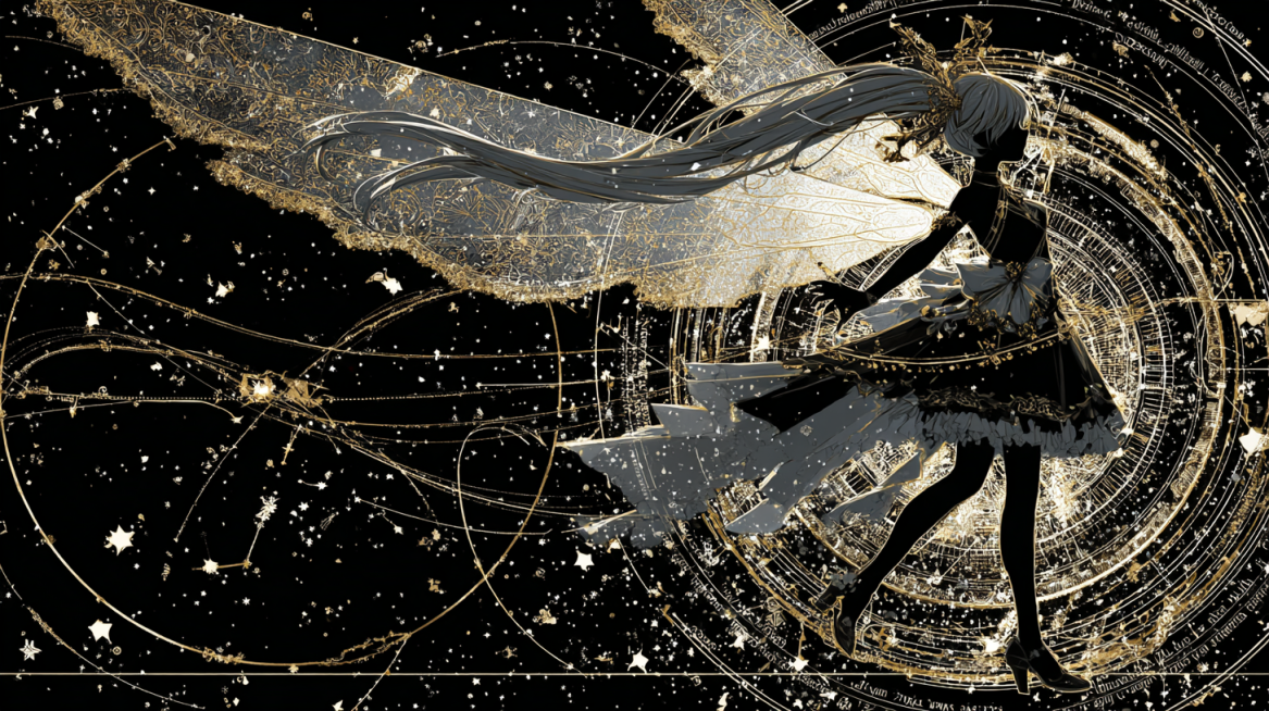 Ethereal anime silhouette of Kaname Madoka, black body, black face, long flowing silver hair adorned预览效果