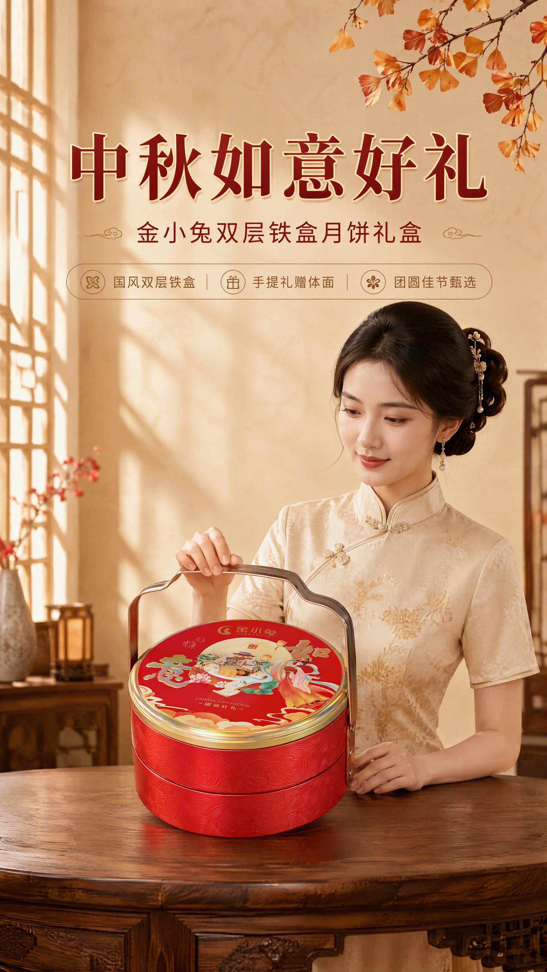 [商品] 使用【图1】金小兔如意中秋月饼礼盒，红色双层圆形铁盒… - 图片创意预览