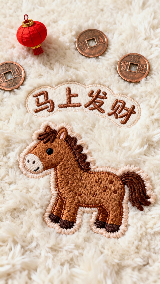背景是奶白色毛绒地毯，散落 3 枚铜钱（呈三角分布），仅左上角点缀 1 个迷你红色小灯笼，无其他多余装饰，画面中心是刺绣感Q版小马，棕色毛发，短绒肌理，蓬松感，边缘有柔和毛边，小马上方有文字“马上发财”，文字圆润可爱
