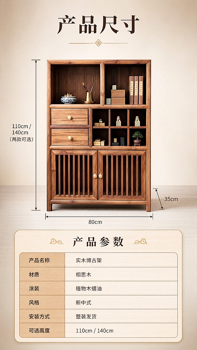 [商品] 使用【图1】实木博古架正面图；保留整体结构、原木色、黄铜拉手、相思木材质；商品处理：保持柜体正面结构完整，比例准确，用于尺寸标注参考。
[画面] 目标：第8张产品尺寸参数页，展示规格尺寸与参数。构图：上下分区，上半部分产品正视图+尺寸引线标注，下半部分参数表格；主体产品正视图占上半区约55%，居中放置；角度：正视图；景别：中景；阅读动线：顶部主标题→产品尺寸标注→底部参数表；前中后景：前景产品正视图+尺寸线，中景参数表格，后景浅米白渐变背景。
[视觉] 套系策略：风格=新中式原木风商业摄影；标题字=宋体粗体（思源宋体Heavy）；正文字=无衬线体（思源黑体Regular）；主色=相思木原木棕（#A67C52）；背景延展=基于原木棕做深浅层级、米白墙面+浅灰地板同色系搭配、暖木色质感；强调色=黄铜金（#C9A961），仅用于小面积图标、引线、标签和五金点缀；标题色=深棕（#5C4033）；正文色=中灰棕（#7A6A5A）；组件=圆角浅木色参数表格、细深棕尺寸引线、箭头标注；光影=正面均匀柔光，产品清晰无阴影，便于读取尺寸。
[文字] 顶部主标题「产品尺寸」（4字）；产品四周用细引线+箭头标注：总宽度「80cm」、总深度「35cm」、总高度「110cm / 140cm（两款可选）」；下半部分参数表格，表头「产品参数」，包含：产品名称「实木博古架」、材质「相思木」、涂装「植物木蜡油」、风格「新中式」、安装方式「整装发货」、可选高度「110cm / 140cm」；所有文字横排排列，参数表清晰可读。
[规格] 图片比例9:16竖版，4K分辨率，负向提示：避免变形、错字、文字过小、冷蓝背景、颜色改变、尺寸标注错误、竖排文字、京东Logo/水印、虚假参数。