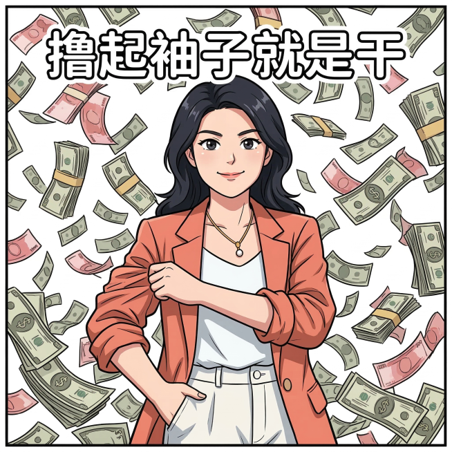 将这张人像裁剪为半身照，生成正方形漫画表情包，保留带黑色描边的白色文字"撸起袖子就是干"，保留背景大量钞票洒落的效果预览效果