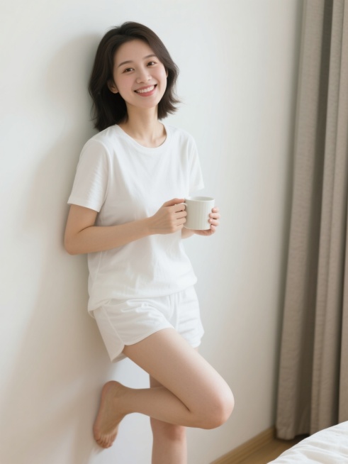 一位休闲的女性宝妈，身穿简单干净的白色居家短袖休闲上衣和短裤，年轻美丽，全身像，身体放松休闲靠在墙上，看向镜头，面露微笑，双手捧着杯子，一只脚膝盖微微弯曲预览效果