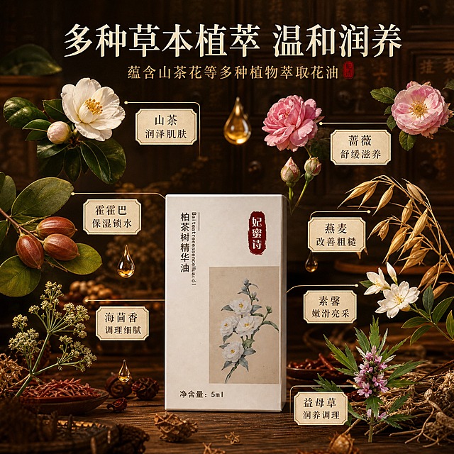[主图-2] 核心功效 多种草本成分解析 棕色中药风
[统一基调] 整体风格为棕色中药国风，温润典雅的草本植萃质感；背景主色为深棕褐色渐变，点缀古朴中药柜纹理与干草本植物；标题字色为米白色与暖金色，辅助字色为浅棕褐色；强调色为朱砂红；字体样式为细衬线体，古典雅致；字号层级分明；卡片与边框采用细金线与宣纸质感。
[画面] 产品包装盒（妃蜜诗柏茶树精华油白色方盒）位于画面下方居中，占画面约35%，正面展示。产品上方和四周悬浮多种真实草本植物原料与精油水滴，包括山茶花、蔷薇花、霍霍巴籽、燕麦、油橄榄叶、海茴香、素馨花、益母草等多种草本植物的花朵、叶片、种子形态，错落分布在产品周围，形成草本环绕的视觉效果。每种草本植物旁有细金线引出，连接到小型宣纸质感的标签卡片上，卡片内写有植物名称与对应功效关键词。背景为深棕褐色，带有淡淡的古药方纹理或中药柜抽屉纹理虚化，营造传统中药炮制的氛围。
[光影质感] 商业摄影质感，主光从上方偏左照射，产品与草本植物均有清晰的受光面和自然阴影；悬浮的植物和水滴有轻微的体积光效，体现精华萃取的意象；整体光线温暖柔和，保持中药风温润质感。
[配色] 主色深棕褐色 + 米白 + 暖金 + 朱砂红；植物本身的绿色、花色为自然点缀色，不打破整体棕色调；金线标签卡片为宣纸米白底配深棕文字。
[文字版式] 画面上方居中主标题："多种草本植萃 温和润养"，米白色大字号细衬线体。主标题下方副标题："蕴含山茶花等多种植物萃取花油"，暖金色中号字。画面中部围绕产品分布4-5个小型标签卡片，每个卡片有植物名+功效，如"山茶 润泽肌肤" "蔷薇 舒缓滋养" "霍霍巴 保湿锁水" "燕麦 改善粗糙" "益母草 润养调理"，卡片文字为深棕色小号字。文字均不遮挡产品主体。
[输出要求] 比例1:1正方形，2048x2048像素；产品清晰完整，成分植物真实自然，文字清晰可读；负向：产品变形、错字、模糊、杂乱、水印、平台Logo、具体草本数量数字（如"8种""10种"等，统一用"多种"表述）、医疗功效暗示、绝对化用语。