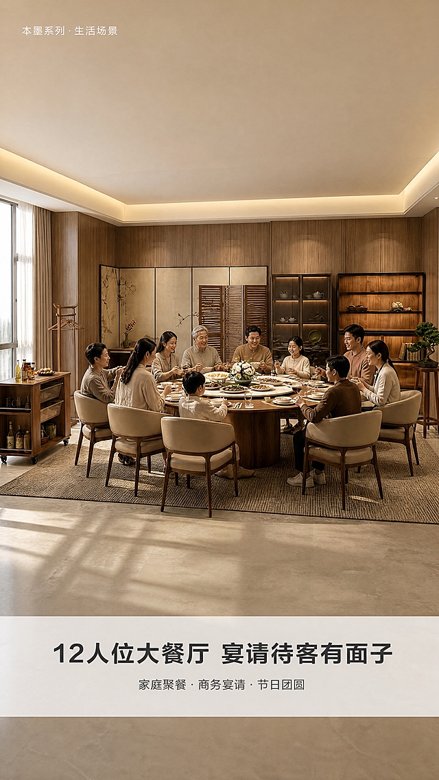 [商品] 使用【图10】餐厅全景场景图；保留全套家具的结构、颜色、材质和空间布局；增强空间生活氛围，添加亚洲家庭成员用餐互动的自然场景（人物不遮挡核心家具），人物动作自然真实，不改变家具原貌。
[画面] 页面目标：沉浸式体验餐厅生活方式，展示12人家庭聚餐场景；构图：场景满铺竖版布局，底部叠加白色半透明文案条，顶部叠加小字系列名；主体占比：场景人物+家具占画面80%；景别：全景，展示完整餐厅用餐场景；人物：亚洲家庭多人围坐餐桌用餐、交谈，自然放松状态；阅读动线：从上至下；前中后景：前景餐桌餐具与食物、中景人物用餐互动、后景柜类与窗户自然光。
[视觉] 套系策略：风格=北欧极简高级详情页风格（参考图风格）；标题字=现代无衬线粗体中文+细体英文副标题；正文字=简洁无衬线体；主色=米白+浅灰+胡桃木棕；背景延展=纯白/浅灰渐变背景，干净极简，大面积留白；强调色=深胡桃棕，仅用于细线图标、引线和重点文字；标题色=深炭灰；正文色=中暖灰；组件=细线方框图标、细灰线引线、极简方形信息卡、无圆角；光影=暖黄色餐厅灯光+窗边自然光，温馨但不浓烈，低饱和度。
[文字] 场景图左上角小字："本墨系列·生活场景"；底部白色半透明条：居中主标题"12人位大餐厅 宴请待客有面子"（12字），下方一行小字："家庭聚餐·商务宴请·节日团圆"；文字不遮挡人物面部与餐桌核心区域；所有文字横排，极简风格。
[规格] 图片比例9:16竖版，4K分辨率，负向提示：避免变形、错字、文字过小、人物面部模糊、家具结构改变、颜色失真、高饱和度、复杂装饰、极限词、水印。